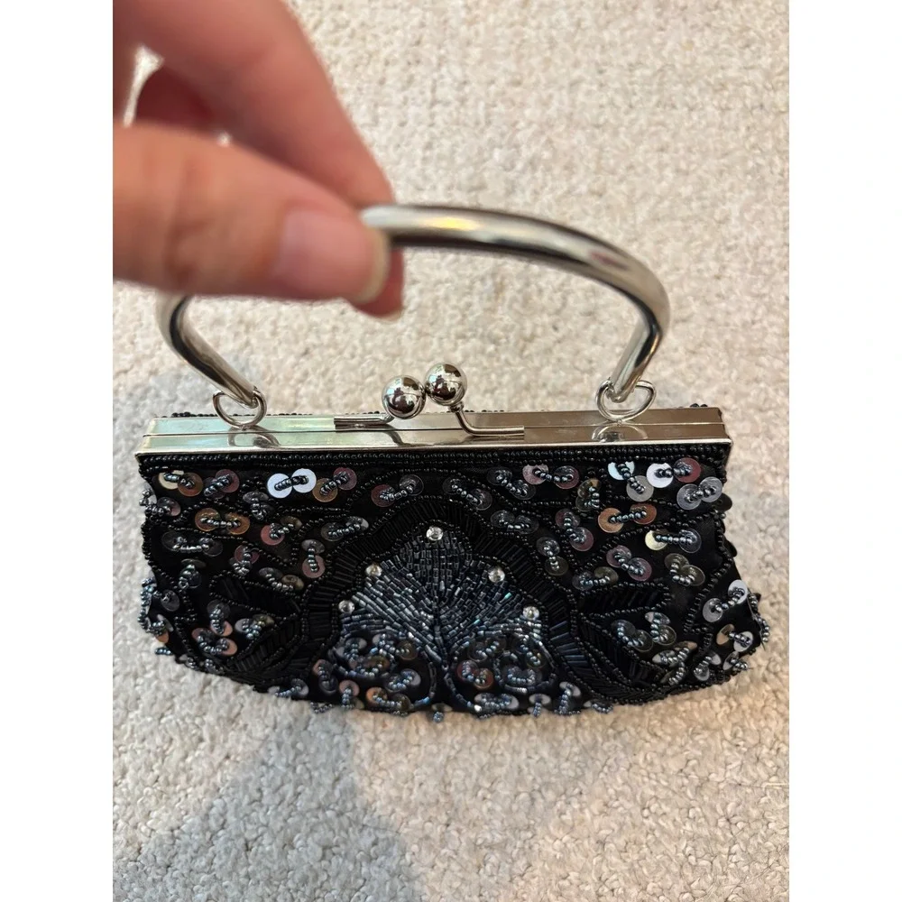 Bijoux Terner‎ Evening Bag Small Black Beaded Sequin Satin Kiss Lock Clutch